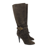 LOUIS VUITTON SUEDE FRINGE HEEL LUXE BOOTS BROWN 35