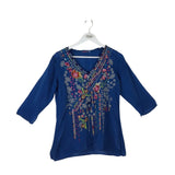 JOHNNY WAS EMBROIDERED 3/4 SLEEVE DESIGNER TOP BLUE RED SMALL