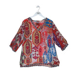 JOHNNY WAS PRINT 3/4 SLEEVE DESIGNER TOP RED TAN MEDIUM
