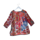 JOHNNY WAS PRINT 3/4 SLEEVE DESIGNER TOP RED TAN MEDIUM