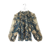 ULLA JOHNSON SILK LONG SLEEVE DESIGNER TOP TEAL CREAM 10