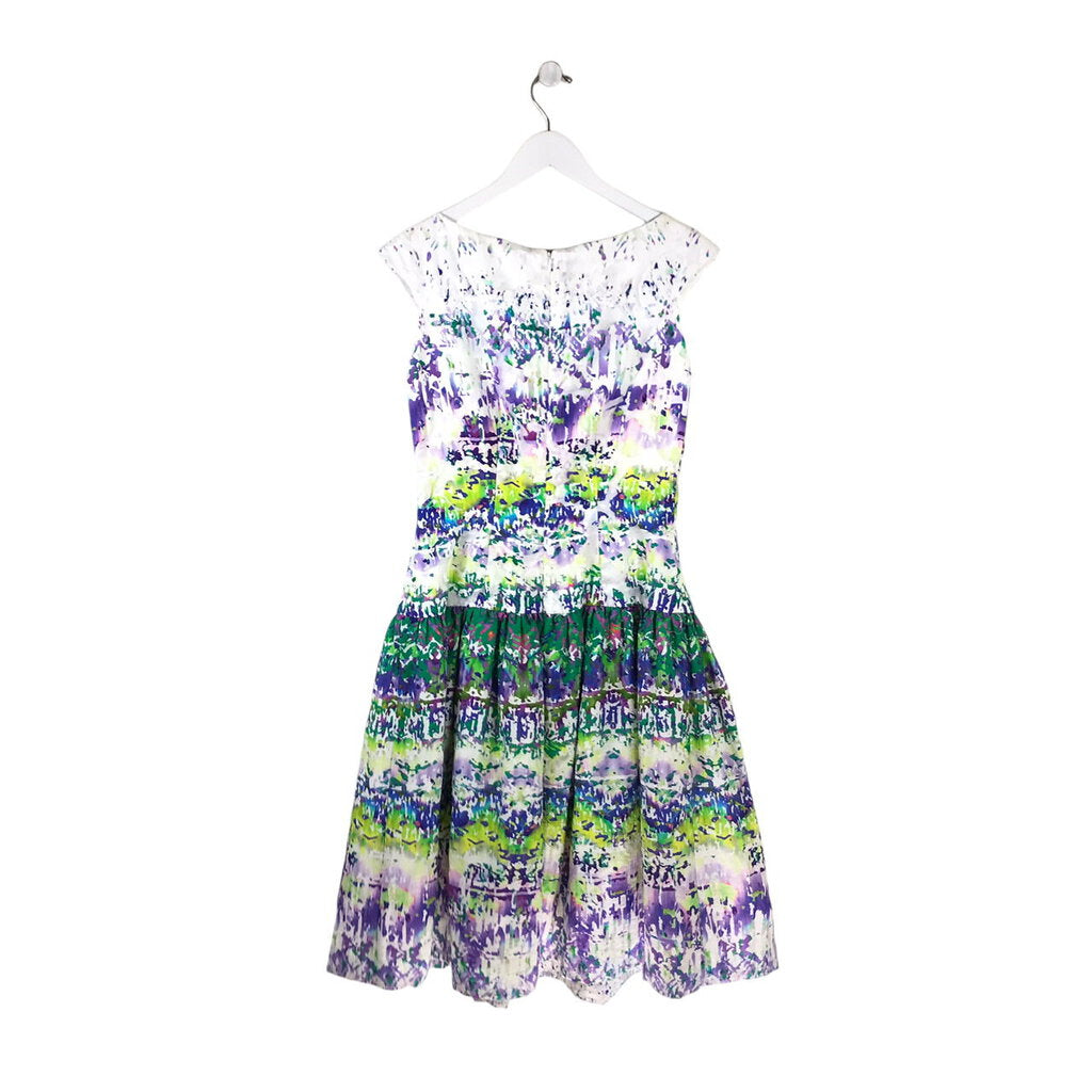 LALLA BEE RET $530 FLORAL CAP SLEEVE DESIGNER DRESS WHITE PURPLE 6