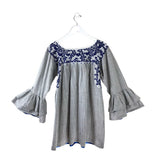 MI GOLONDRINA EMBROIDERED FLARE SLEEVE DESIGNER DRESS GRAY NAVY MEDIUM