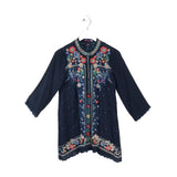 JOHNNY WAS EMBROIDERED LONG SLEEVE DESIGNER TOP NAVY RED XSMALL