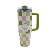 THE DARLING EFFECT CHECK TUMBLER WOMEN'S ACCESSORIES GREEN PINK 40 OZ