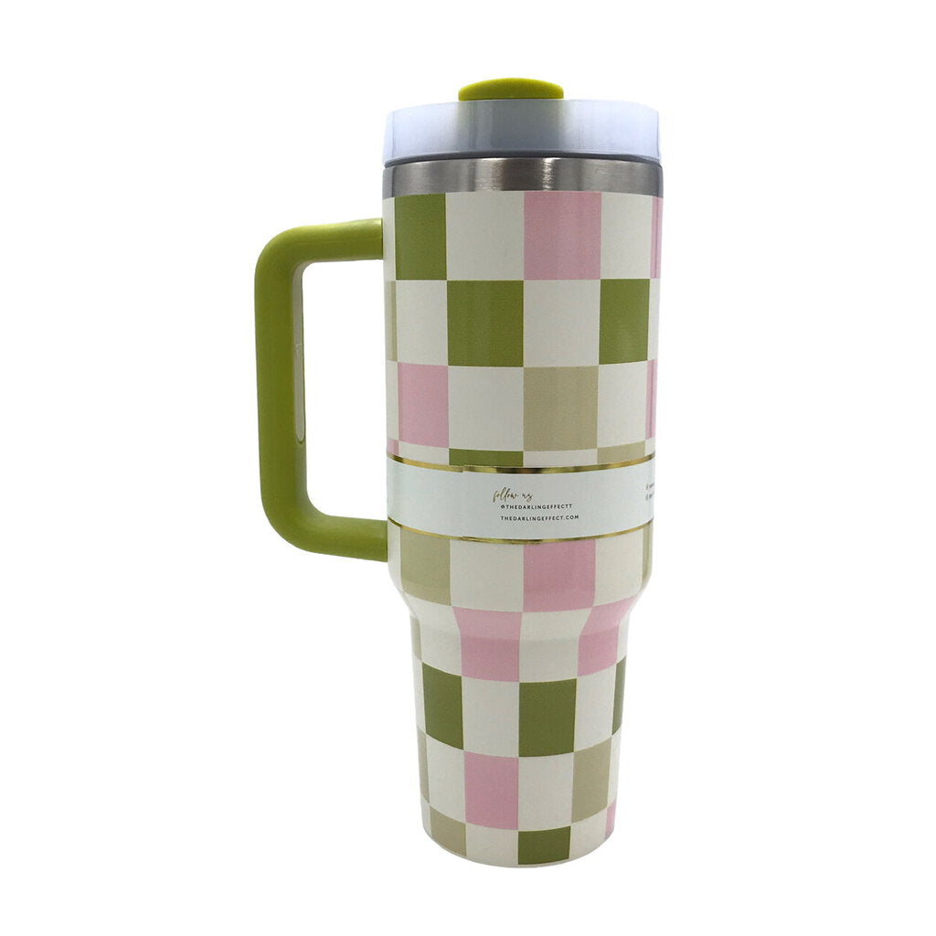 THE DARLING EFFECT CHECK TUMBLER WOMEN'S ACCESSORIES GREEN PINK 40 OZ