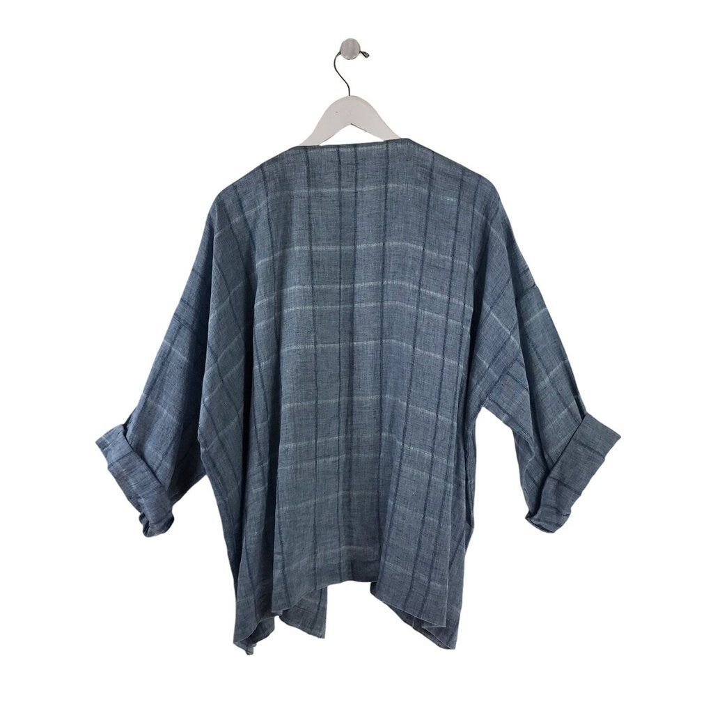 ESKANDAR LINEN 3/4 SLEEVE DESIGNER CARDIGAN BLUE 1