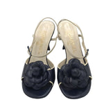 CHANEL LEATHER FLOWER PUMP LUXE SHOES NAVY 5.5