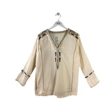 JOHNNY WAS EMBROIDERED BEADED LONG SLEEVE DESIGNER TOP CREAM XSMALL