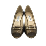 JIMMY CHOO PATENT LEATHER PEEP TOE LUXE SHOES GOLD 37.5