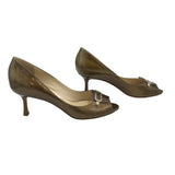 JIMMY CHOO PATENT LEATHER PEEP TOE LUXE SHOES GOLD 37.5