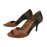 FENDI PEQUIN CANVAS PEEP TOE LUXE SHOES BROWN/BLACK 36