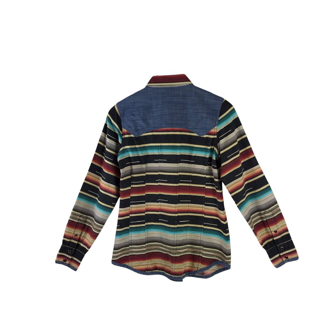 TASHA POLIZZI RET$240 STRIPE LONG SLEEVE DESIGNER BLOUSE DENIM MULTI SMALL