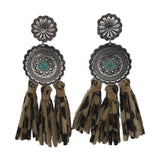ROUND CONCHO LEATHER FRINGE EARRINGS SILVER TURQUOISE ANIMAL PRINT