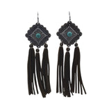 CONCHO LEATHER FRINGE EARRINGS SILVER TURQUOISE BROWN