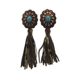 CONCHO LEATHER FRINGE EARRINGS COPPER TURQUOISE ANIMAL PRINT