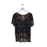 JOHNNY WAS FLORAL SHORT SLEEVE DESIGNER TOP BLACK YELLOW LARGE