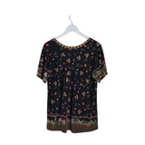 JOHNNY WAS FLORAL SHORT SLEEVE DESIGNER TOP BLACK YELLOW LARGE