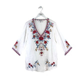 JOHNNY WAS RAMIE EMBROIDERED DESIGNER TOP WHITE BLUE XSMALL