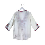 JOHNNY WAS RAMIE EMBROIDERED DESIGNER TOP WHITE BLUE XSMALL