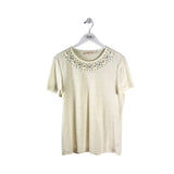 TORY BURCH EMBELLISHED LINEN TEE DESIGNER TOP CREAM LARGE