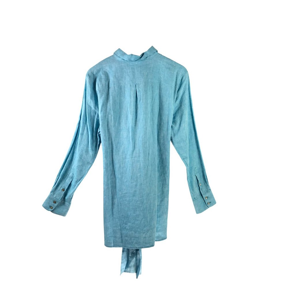 120 1/2 LINO RET$445 LINEN LONG SLEEVE DESIGNER BLOUSE BLUE X LARGE