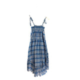 MISA RET$490 PLAID HI LOW DESIGNER DRESS BLUE WHITE MEDIUM