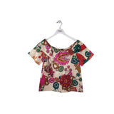 TRINA TURK FLORAL RUFFLE SHORT SLEEVE DESIGNER TOP TEAL PINK SMALL