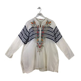 JOHNNY WAS EMBROIDERED LONG SLEEVE DESIGNER TOP CREME NAVY MEDIUM