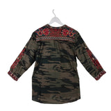 JOHNNY WAS EMBROIDERED CAMO DESIGNER BLOUSE OLIVE RED LARGE