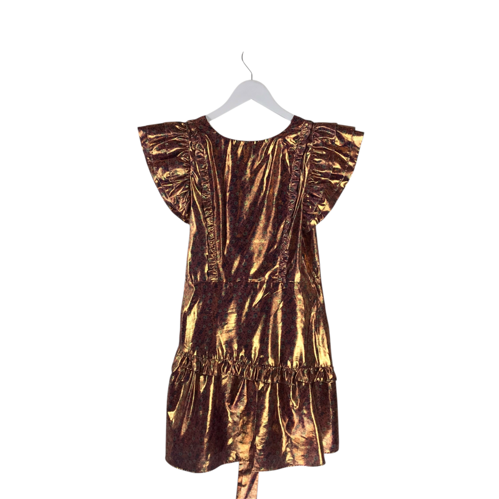 LOVESHACKFANCY RET$575 METALLIC RUFFLE SLEEVE DESIGNER DRESS ORANGE GOLD 6