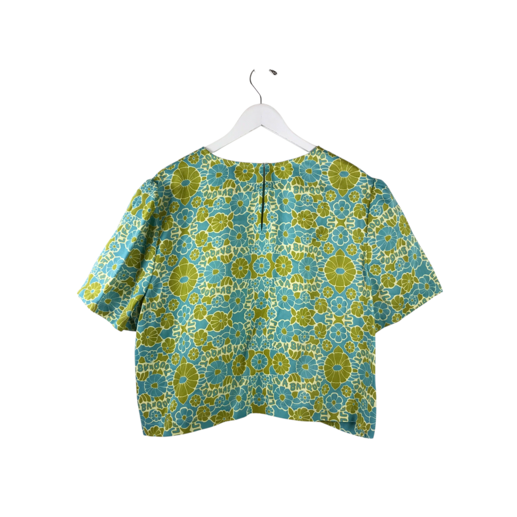 LINGUA FRANCA RET$395 FLORAL SHORT SLEEVE DESIGNER TOP GREEN BLUE 2X