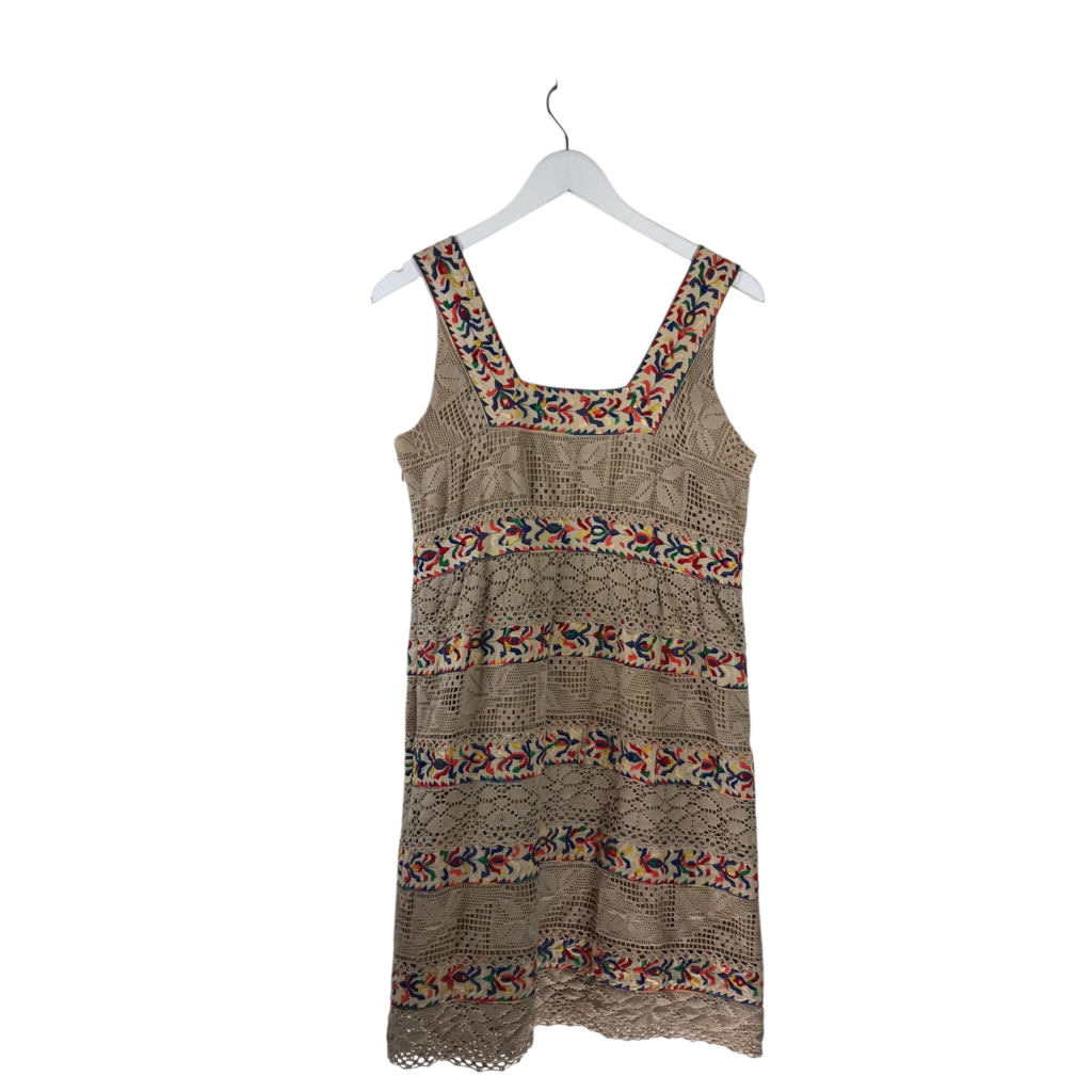 ANNA SUI RET$465 CROCHET SLEEVELESS DESIGNER DRESS TAN BLUE 6