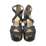 JIMMY CHOO LACE CORK WEDGES DESIGNER SHOES BLACK 38