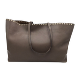 VALENTINO LEATHER ROCKSTUD TOTE LUXE HANDBAG BROWN