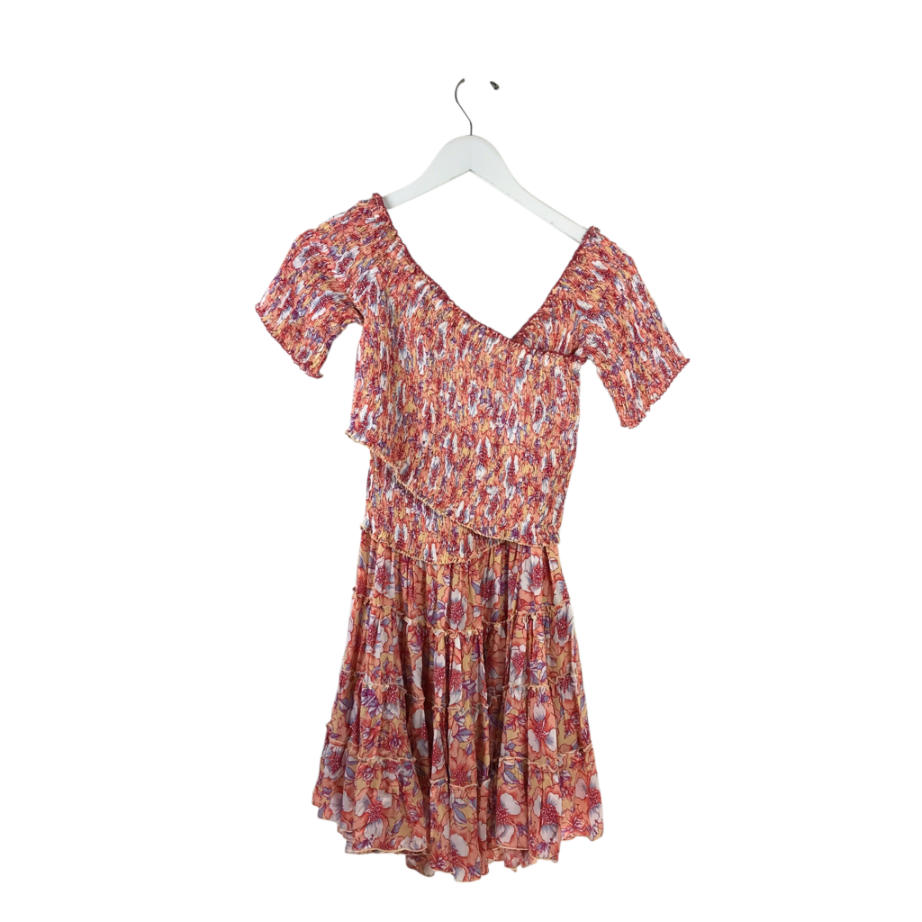 RET$470 SHORT SLEEVE DESIGNER DRESS ORANGE PURPLE SMALL
