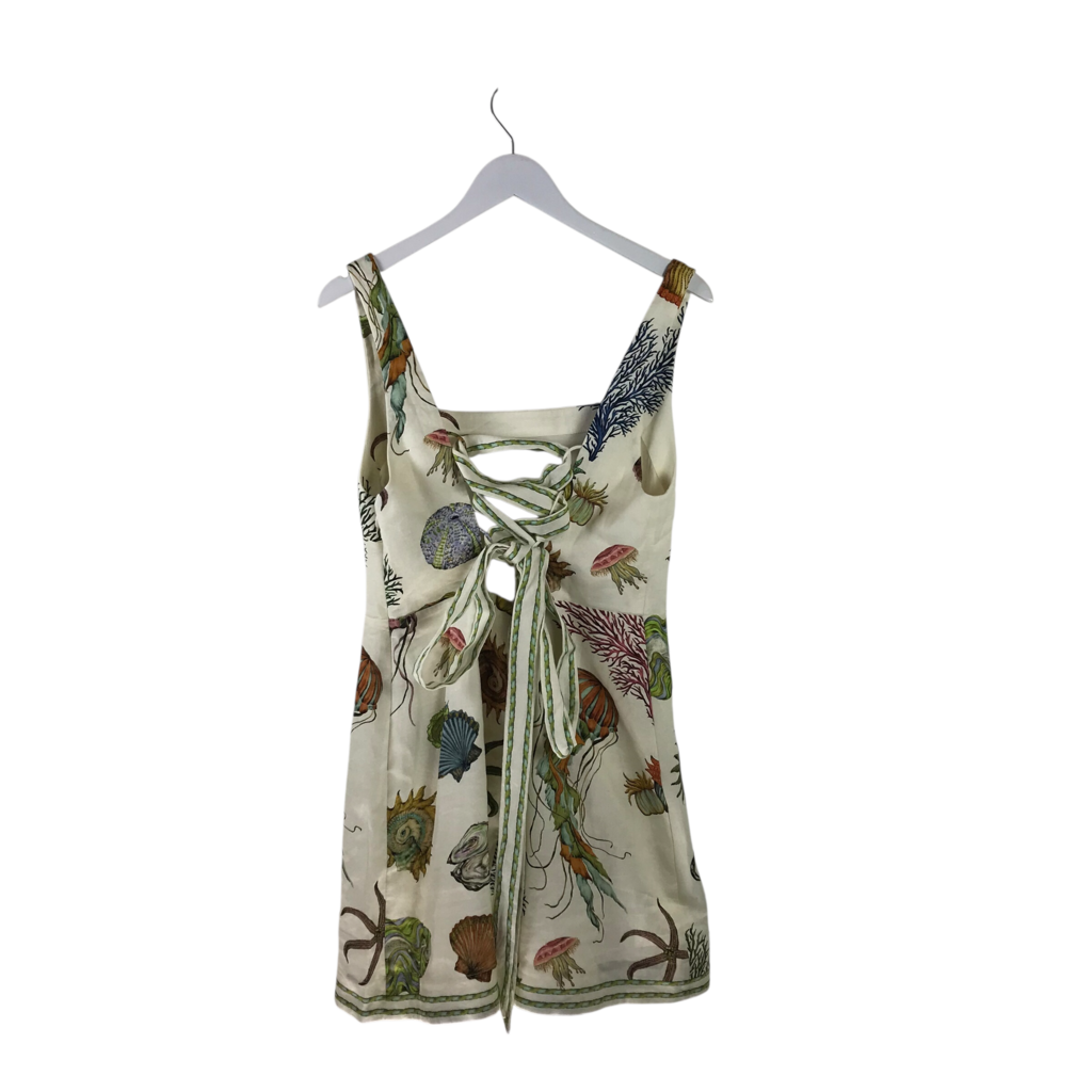 NWT$490 PRINT SLEEVELESS DESIGNER DRESS CREME MULTI 12
