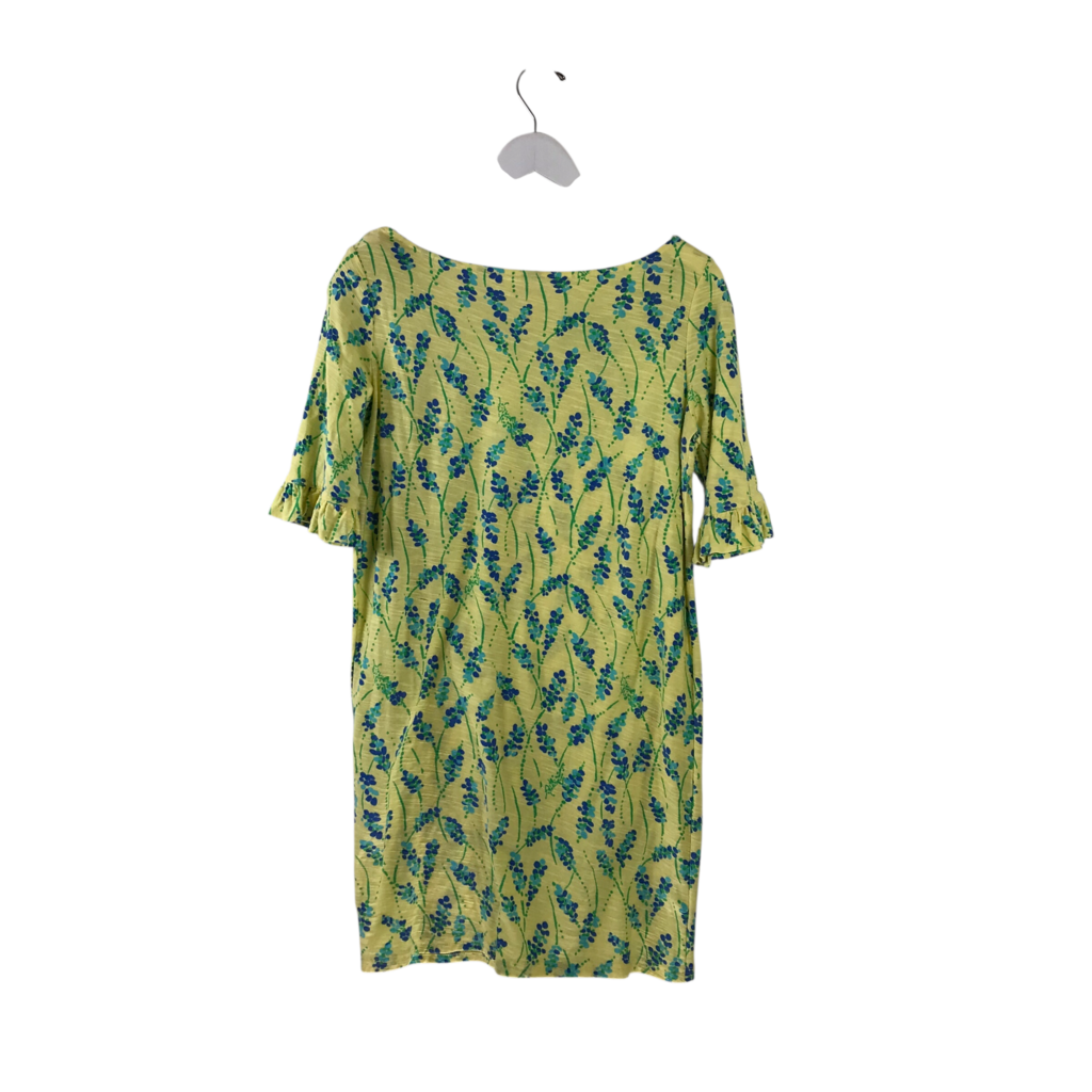 LILLY PULITZER FLORAL 3/4 SLEEVE DESIGNER DRESS YELLOW BLUE MEDIUM