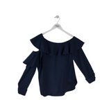 OSCAR DE LA RENTA RET$1560 SILK COLD SHOULDER RUFFLE DESIGNER TOP NAVY 12