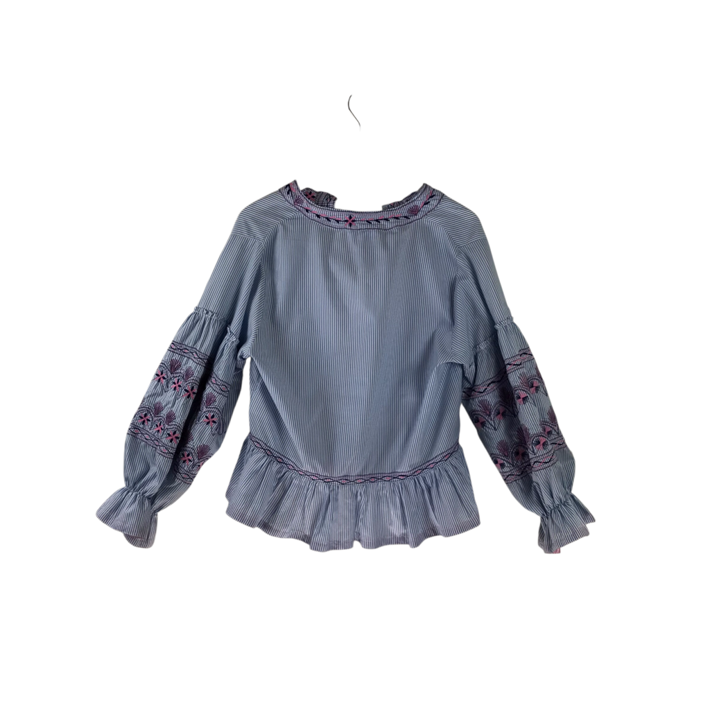 MI GOLONDRINA EMBROIDERED LONG SLEEVE DESIGNER BLOUSE BLUE PINK SMALL