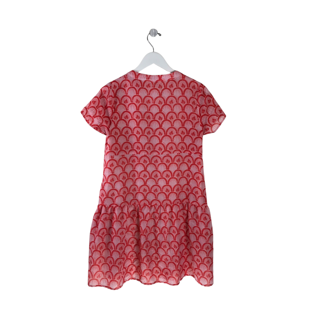J MARIE PRINT CAP SLEEVE DESIGNER DRESS PINK RED XSMALL