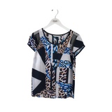 TRINA TURK SILK PRINT SHORT SLEEVE DESIGNER TOP NAVY WHITE SMALL