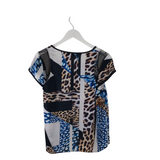 TRINA TURK SILK PRINT SHORT SLEEVE DESIGNER TOP NAVY WHITE SMALL