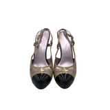 CHANEL PATENT CAP TOE SLING BACK PUMPS LUXE SHOES BLACK/GOLD 38.5