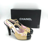 CHANEL PATENT CAP TOE SLING BACK PUMPS LUXE SHOES BLACK/GOLD 38.5