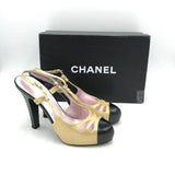 CHANEL PATENT CAP TOE SLING BACK PUMPS LUXE SHOES BLACK/GOLD 38.5