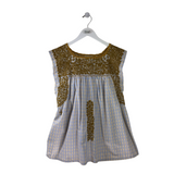 MI GOLONDRINA EMBROIDERED PLAID DESIGNER TOP GOLD BLUE LARGE