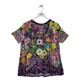 JOHNNY WAS SHORT SLEEVE DESIGNER TOP PURPLE YELLOW LARGE