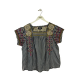 JOHNNY WAS EMBROIDERED SHORT SLEEVE DESIGNER TOP NAVY MULTI XLARGE