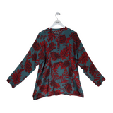 JOHNNY WAS PRINT LONG SLEEVE DESIGNER TOP TEAL RED XLARGE